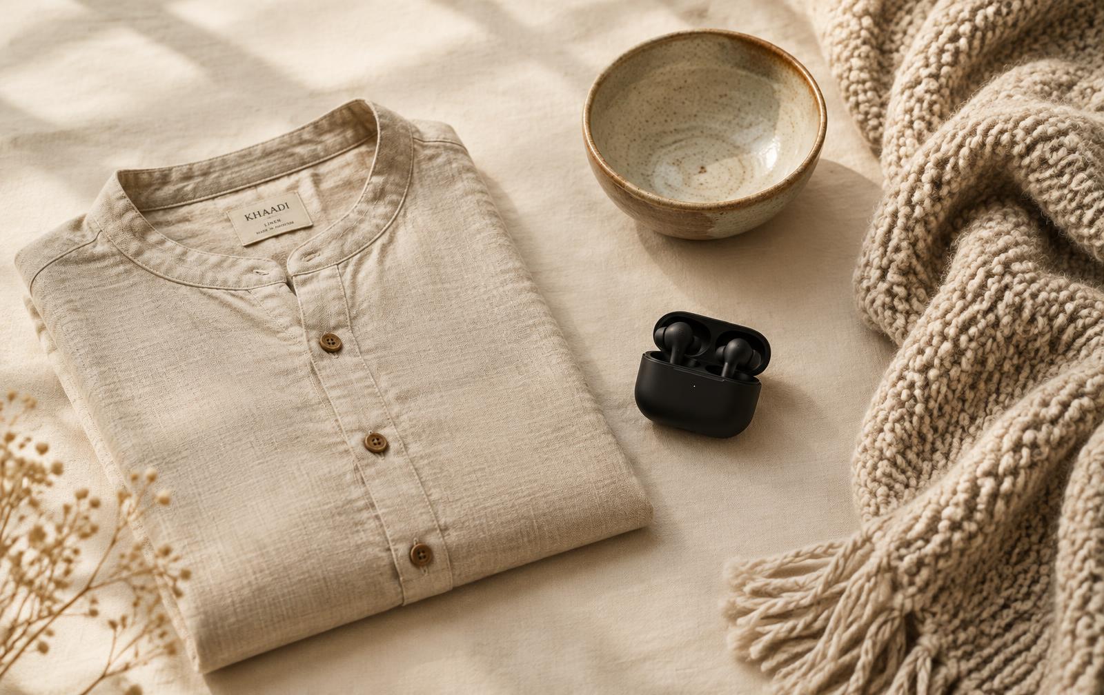 Flatlay of a linen kurta, wireless earbuds, a ceramic bowl and a knit throw